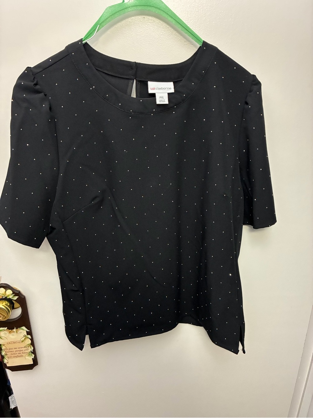 Liz Claiborne Black Short Sleeve Blouse with Tiny Silver Dots PXL